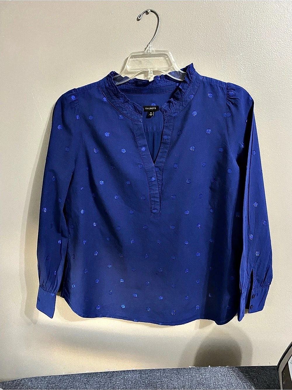 Talbots Smocked Popover - Swiss Dot Blue Blouse Size Medium